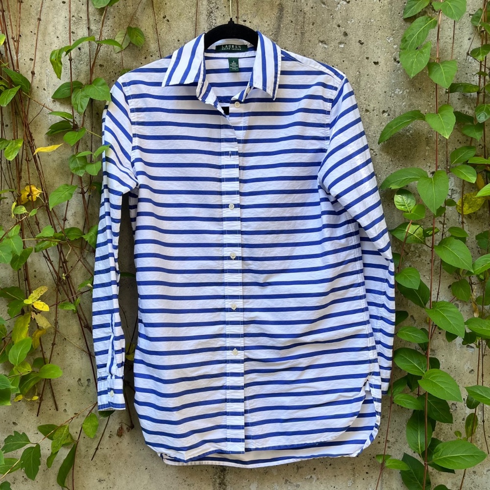 Lauren Ralph Lauren Blue & White Striped Cotton Button-Down Blouse